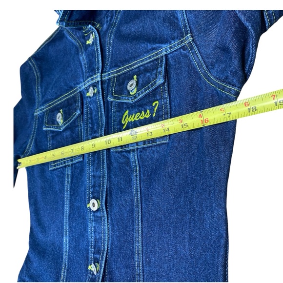 Guess Vintage 90’s Dark Denim Jacket w/ Neon Yellow Stitching size M - Picture 5 of 16